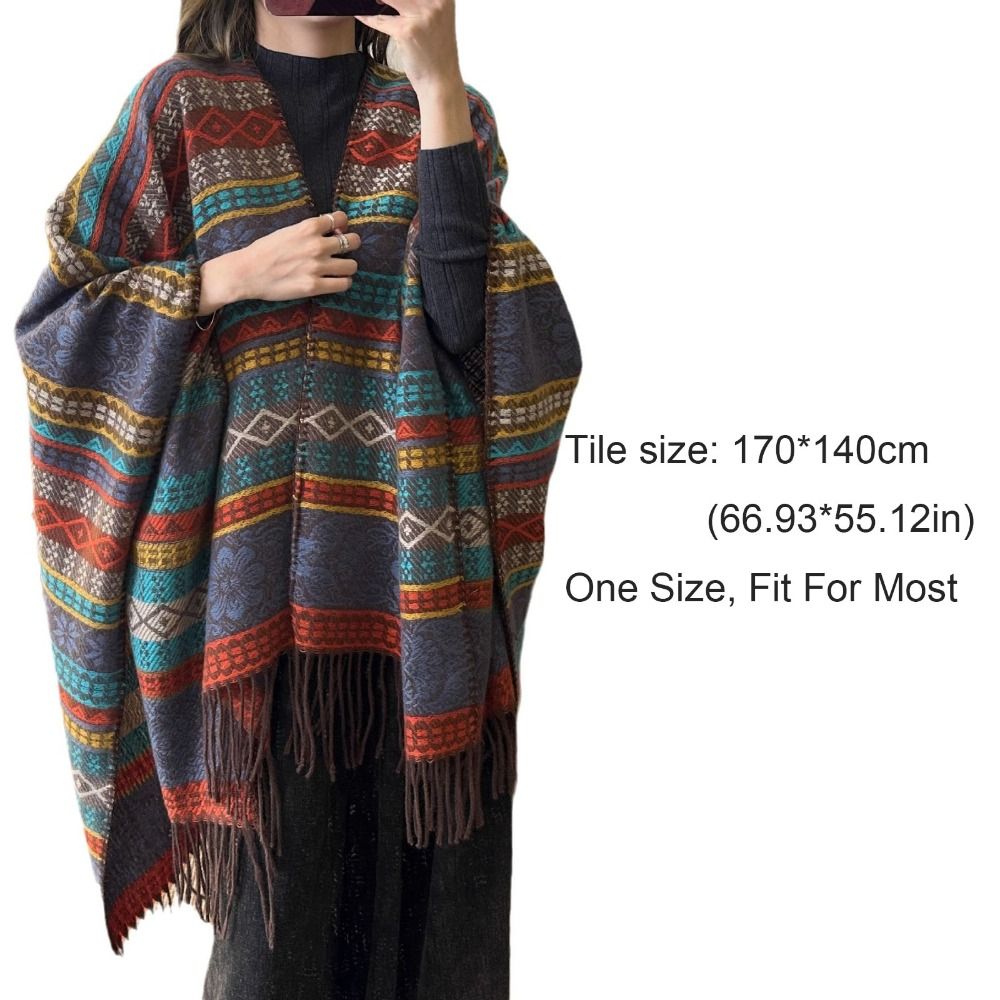 Châle de Luxe de Style Ethnique en Cachemire à Rayures, Cape avec Pompon, Collection Automne et Hiver