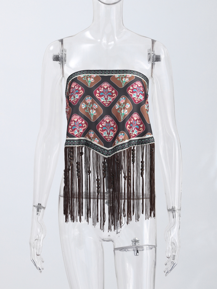 Écharpe à franges imprimée avec perles et pompons pour femme, en satin patchwork, châle, tube top, accessoires vintage été 2026