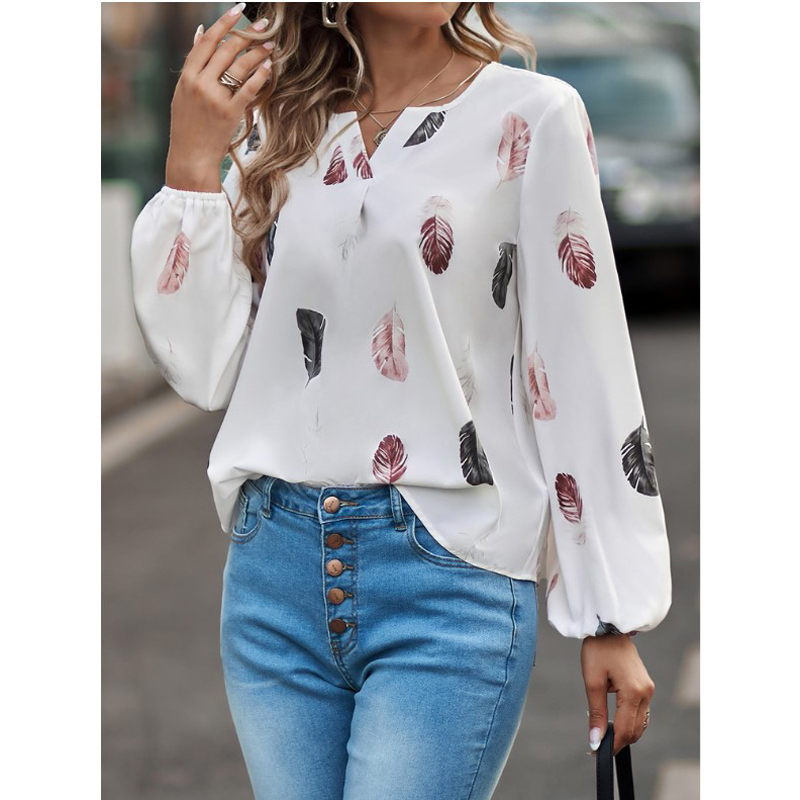 Mode femme Blouse chemises pour femmes haut élégant à manches longues motif de plumes femmes hauts élégant en mousseline de soie Mujer femme vêtements