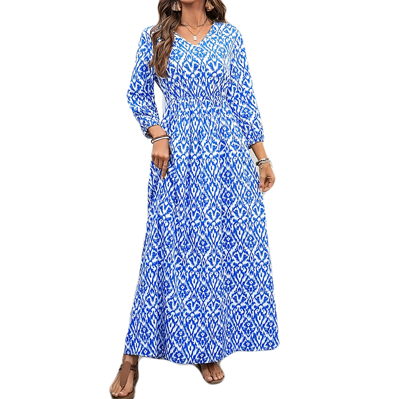 Robe tissée à imprimé intégral pour femmes, col en V, manches 3/4, taille ajustée, jupe élégante, style vacances, tenue décontractée de plage, couleur bleue, tailles S-2XL