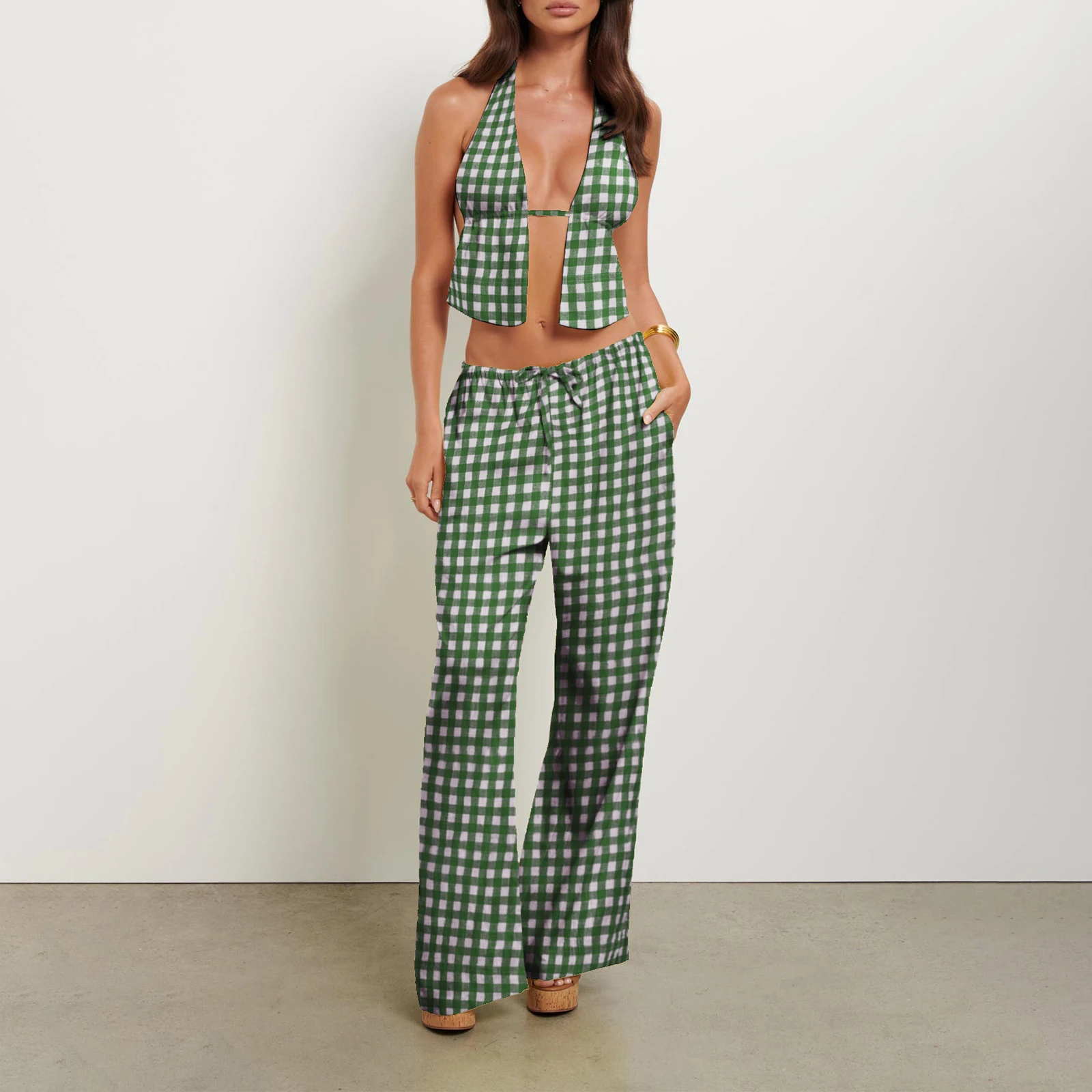 Pantalon à rayures et dos nu pour femme, tenue d'été à la mode, col licou, pantalon à jambes larges, ensemble de vêtements 2 pièces