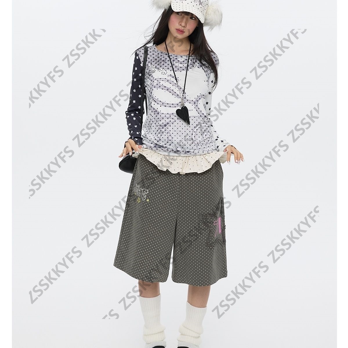 Pantalon japonais Y2k Vintage Goth Punk femme vêtements ample à pois années 2000 Kawaii Harajuku Grunge Emo Capri pantalon été filles chaudes
