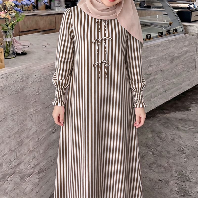 Robes Abaya Musulmanes Élégantes ZANZEA 2026 pour Femmes, Col Rond, Manches Longues, Robe Rayée Décontractée, Kaftan, Robe du Ramadan, Vêtements Islamiques