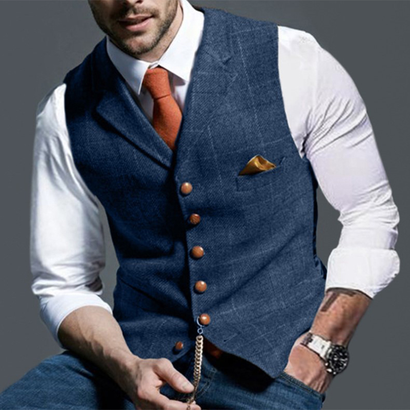 Mode hommes gilets revers Tweed Plaid col en v gilet coupe ajustée gilet affaires robe formelle costume décontracté mariage smoking mâle gilet