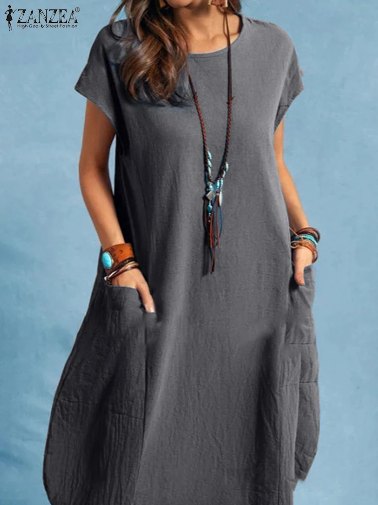 2025 ZANZEA mode été Robe d'été femmes solide Robe ample à manches courtes caftan genou longueur Robe décontracté coton travail robes