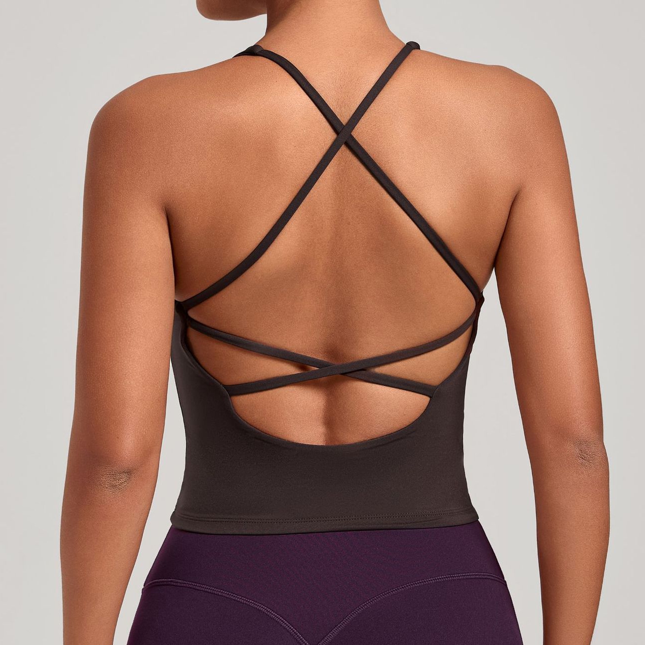 Débardeurs de sport pour femme, vêtements de yoga, hauts d'entraînement rembourrés pour la gym, collection été 2026, dos nu, couleur café, beige, violet, bleu