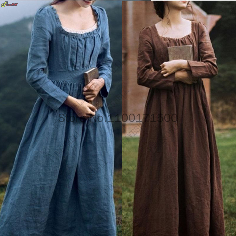 Robe rétro victorienne médiévale pour femme, col carré, manches longues, taille haute, français, déclin, marron, bleu, tempérament, robe longue