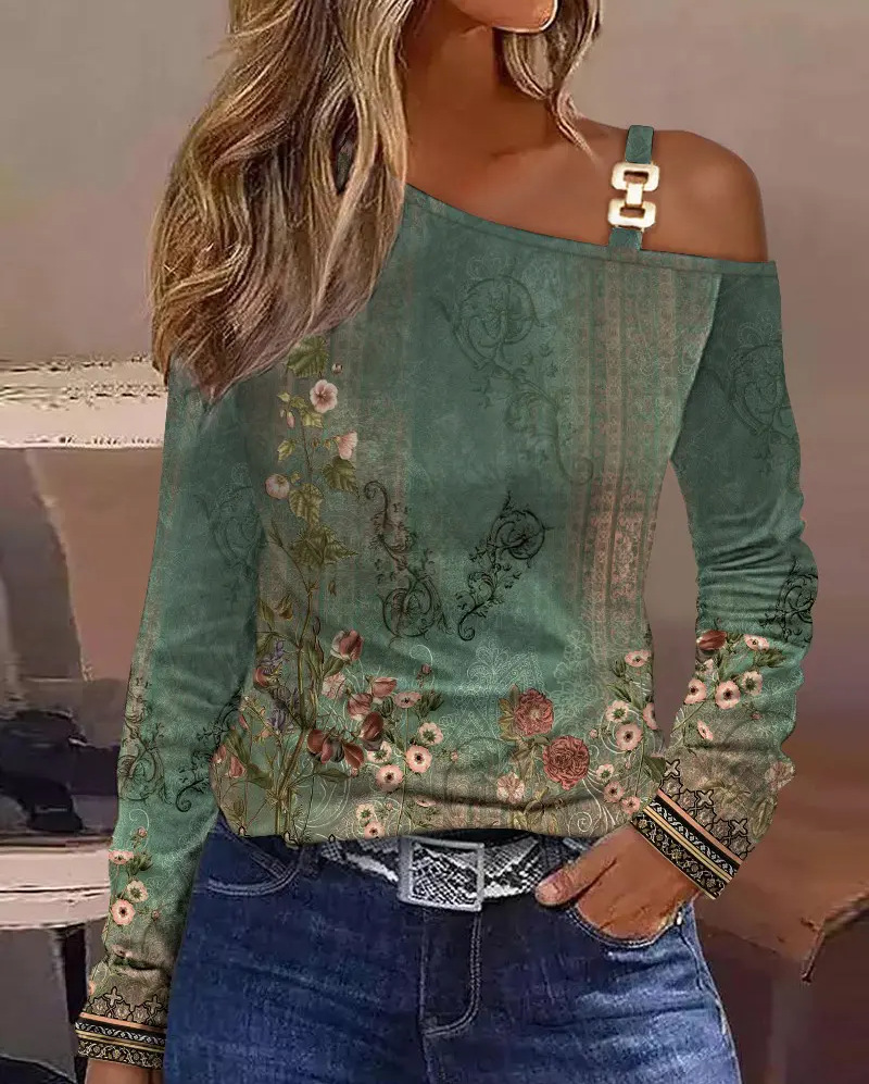 Chemise élégante pour femmes, sexy, ample, printemps-hiver 2026, épaule dénudée, découpe, chaîne suspendue au cou, imprimé, bouton, haut tendance pour femmes