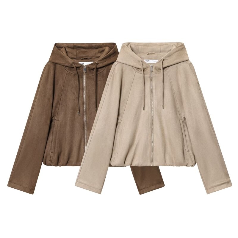 Veste à capuche zippée décontractée bicolore pour femme - Sweat à capuche en faux daim pour le printemps, style simple et polyvalent pour les sorties quotidiennes, les trajets domicile-travail et l'école