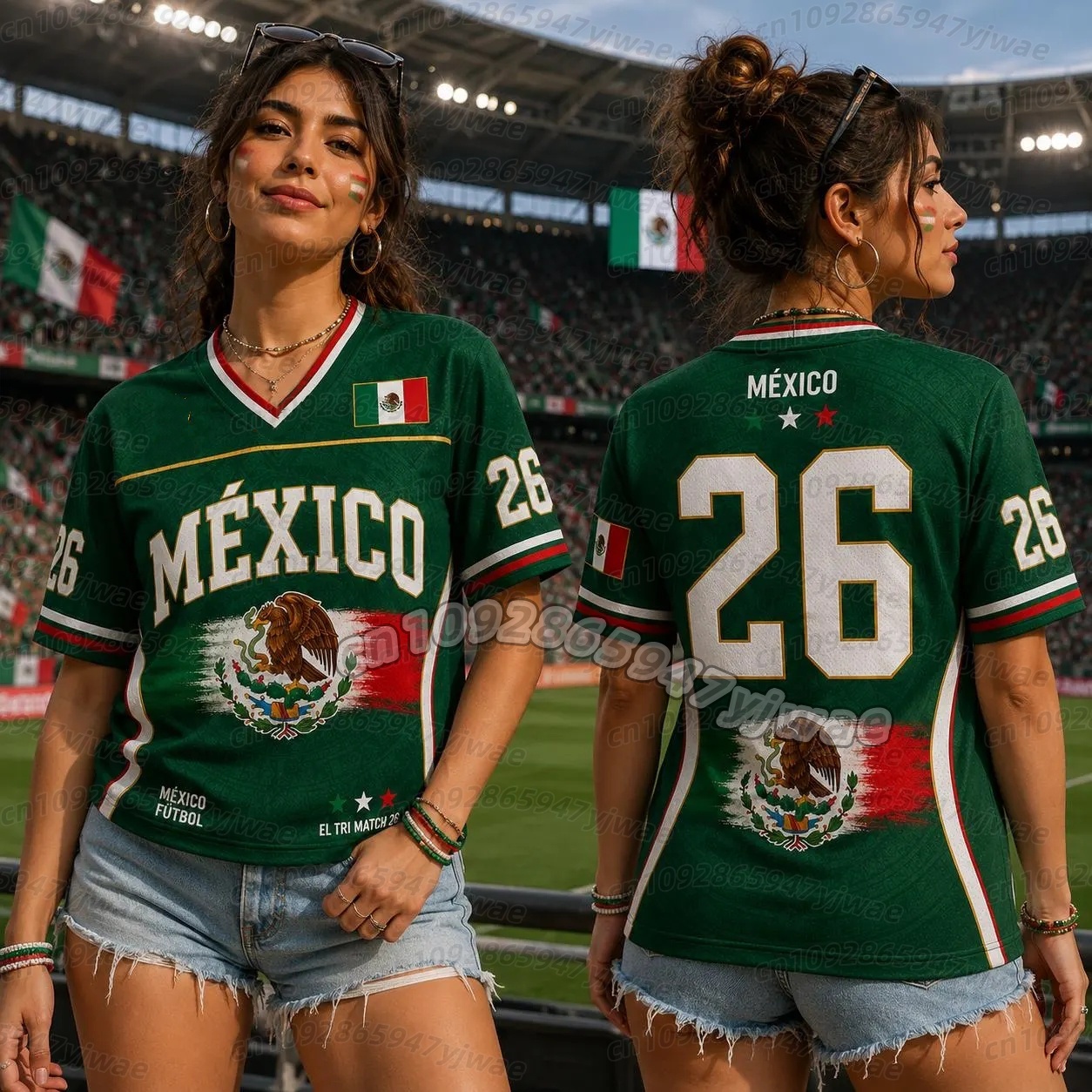 T-shirt Mexique 26 pour femme, col en V, été, pour fans de football du Mexique, séchage rapide, pour homme et femme