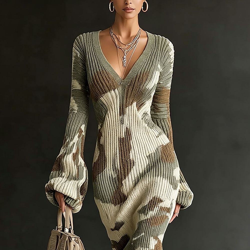 Robe longue chic en maille pour femme, imprimé camouflage vintage, col en V élégant, taille haute, manches longues évasées, coupe ajustée, ourlet à franges