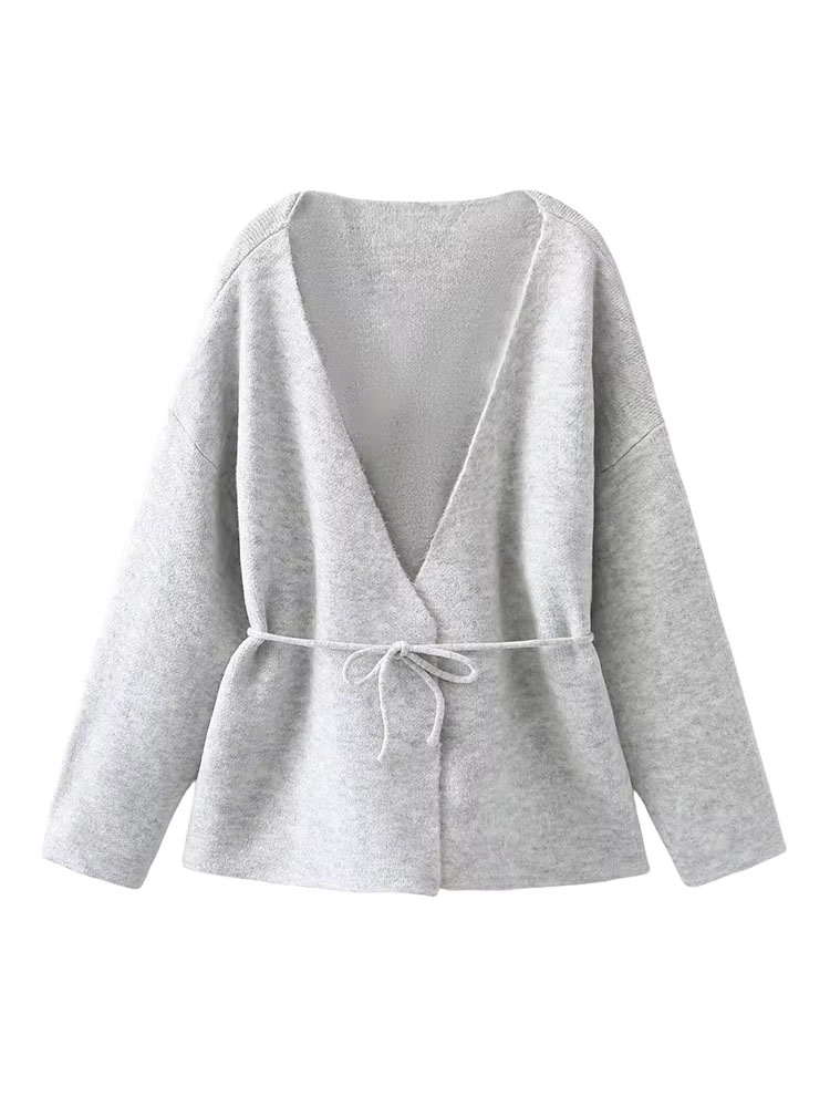 Femmes nouvelle mode hiver col en v profond 2 couleurs cravate à manches longues Cardigan pull femme élégante haute rue tricoté pull
