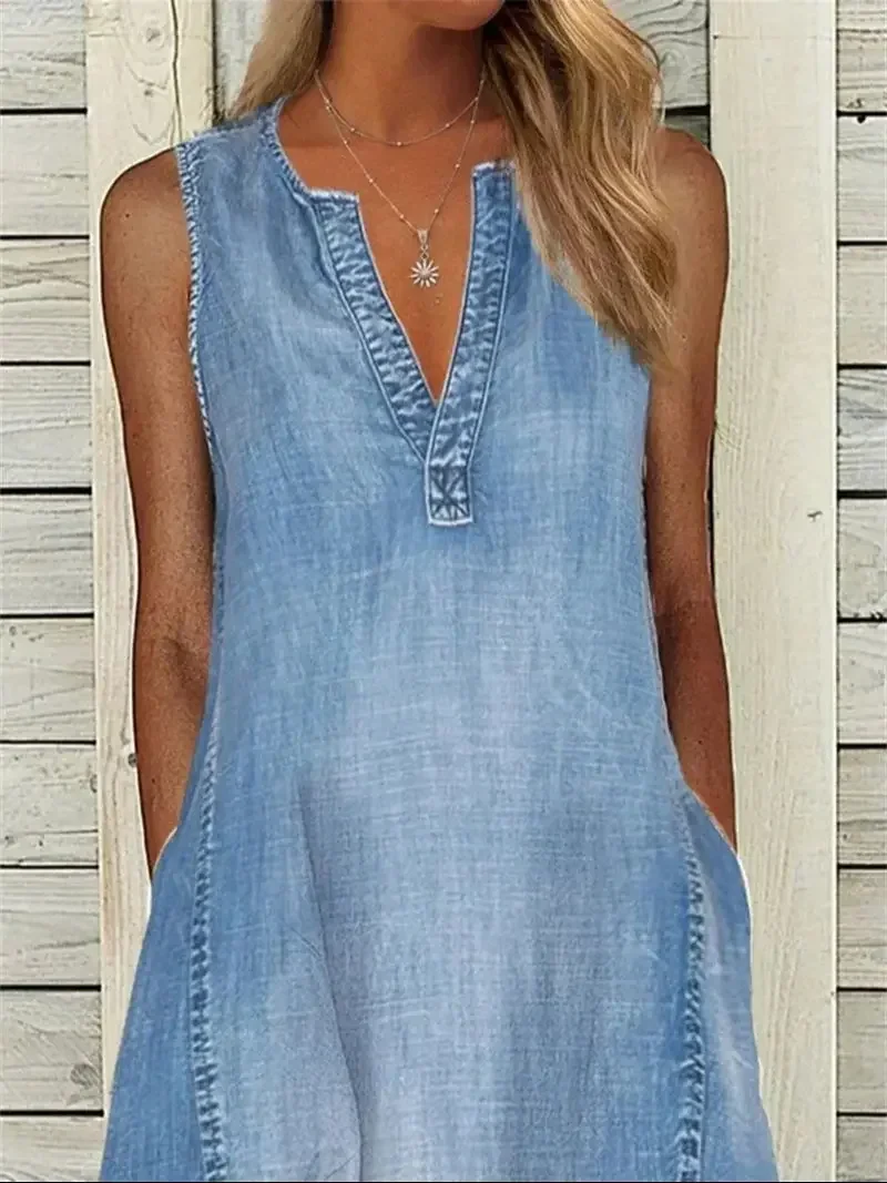 Robe pull à col en V profond pour femmes, double poche latérale, robe en fibre de denim mince, décontracté, bureau féminin, été, 2024