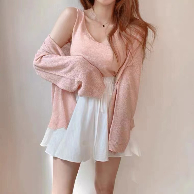 Débardeur à col en V pour femmes, chemise de protection solaire, ensembles de sucirculation, cardigan décontracté, manteau féminin, mode coréenne, 2 pièces