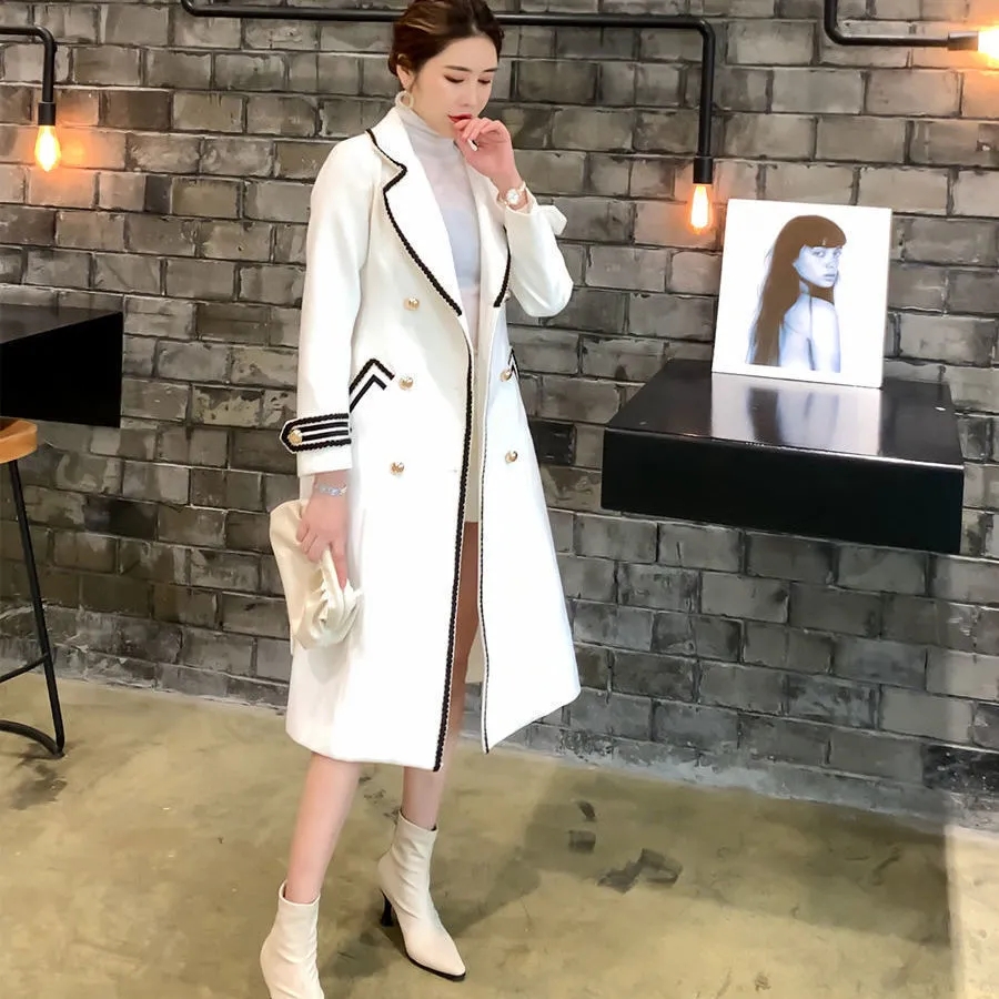 Femmes blanc Long manteau de laine automne hiver britannique Hepburn Style épaissir mince Double boutonnage manteau de laine nouvelles femmes vêtements d'extérieur