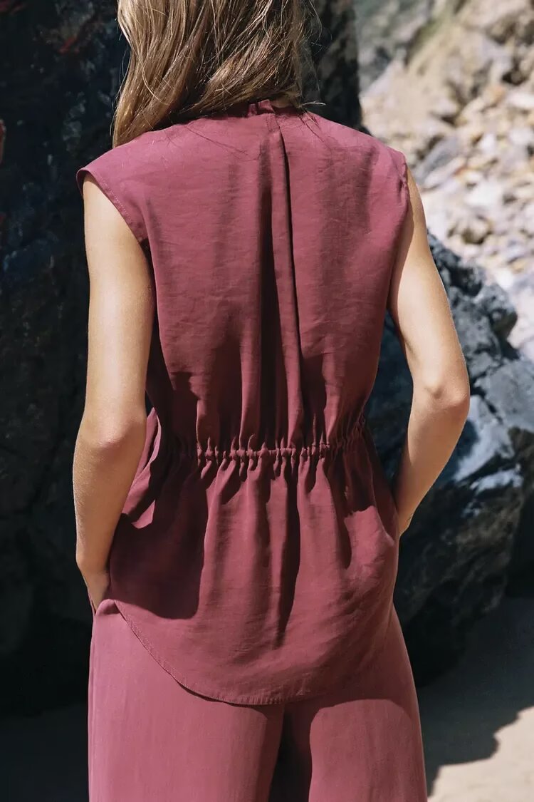 Ensemble deux pièces élégant en satin 2026 pour femme : Blouse sans manches à nouer et pantalon large taille haute – Tenue quotidienne