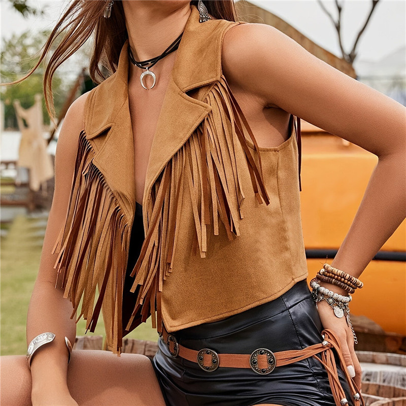 Veste femme Gilet Boho Vintage sans manches ouvert devant gland couleur unie vêtements d'extérieur Gilet pour Streetwear décontracté