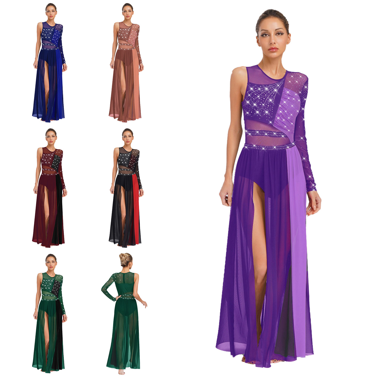 Robe de danse lyrique moderne pour femmes, fendue sur le côté, maille transparente, strass, justaucorps de gymnastique, patinage, vêtements de danse contemporains