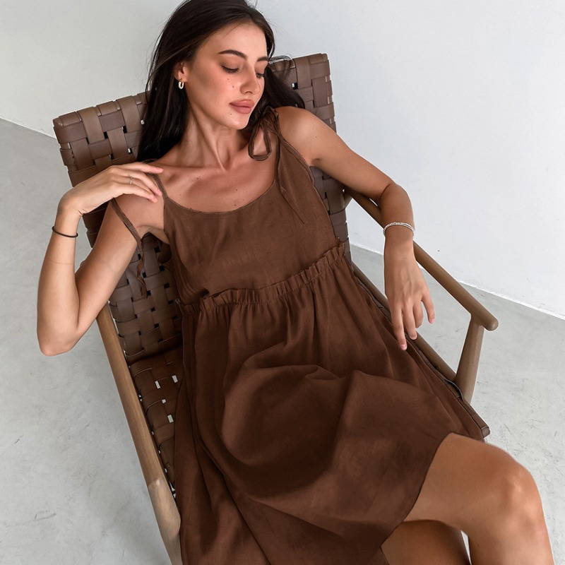 Robe à bretelles en coton et lin pour femmes, style de plage, fausse robe décontractée, bord à volants doux, robe à bretelles A-Line, printemps et été