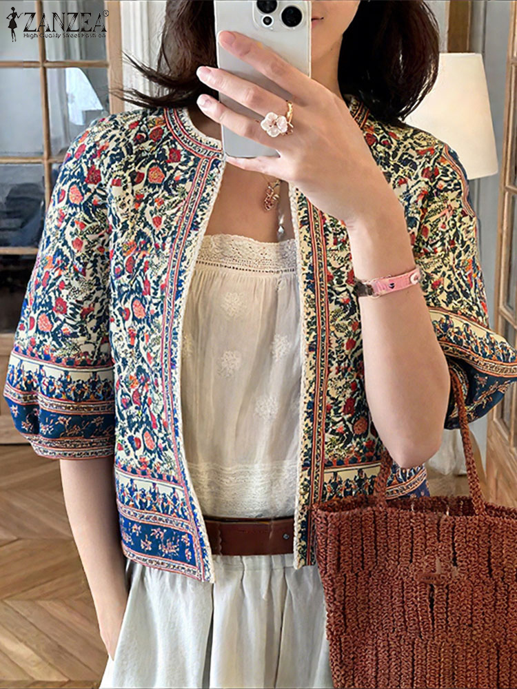ZANZEA hauts à la mode Cardigans décontractés femmes demi manches Indie Folk imprimé chemises automne Kimono 2025 Vintage point ouvert en vrac