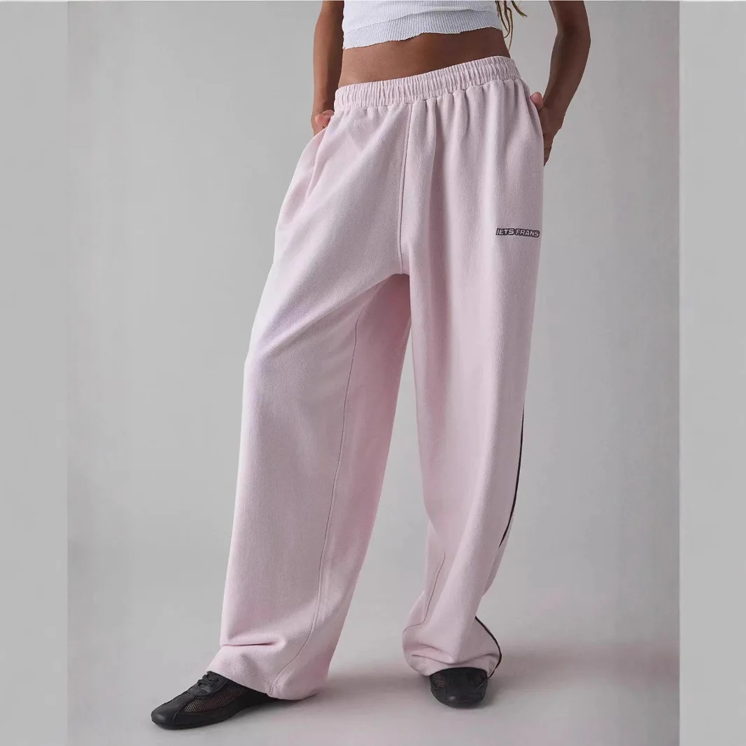 Pantalons décontractés roses brodés pour femmes, amples et confortables, à taille élastique droite.