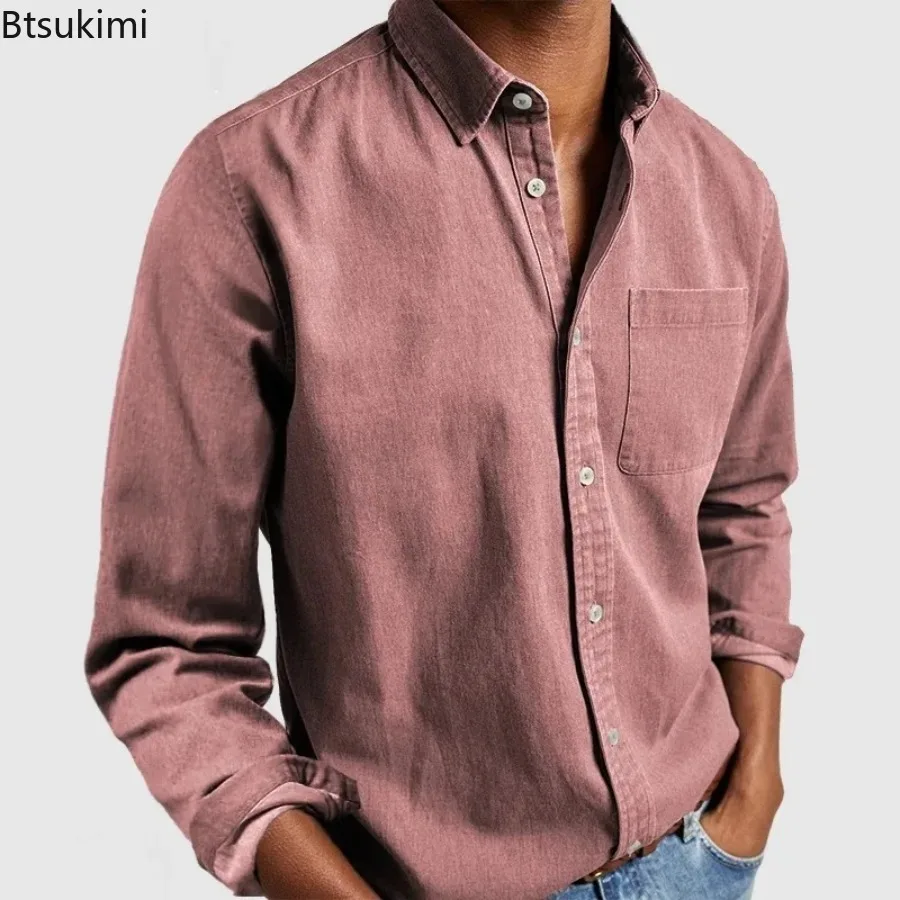 2026 mode vêtements pour hommes respirant coton à manches longues chemise ample décontractée hommes Simple revers hauts Vintage tout-match homme Blouse