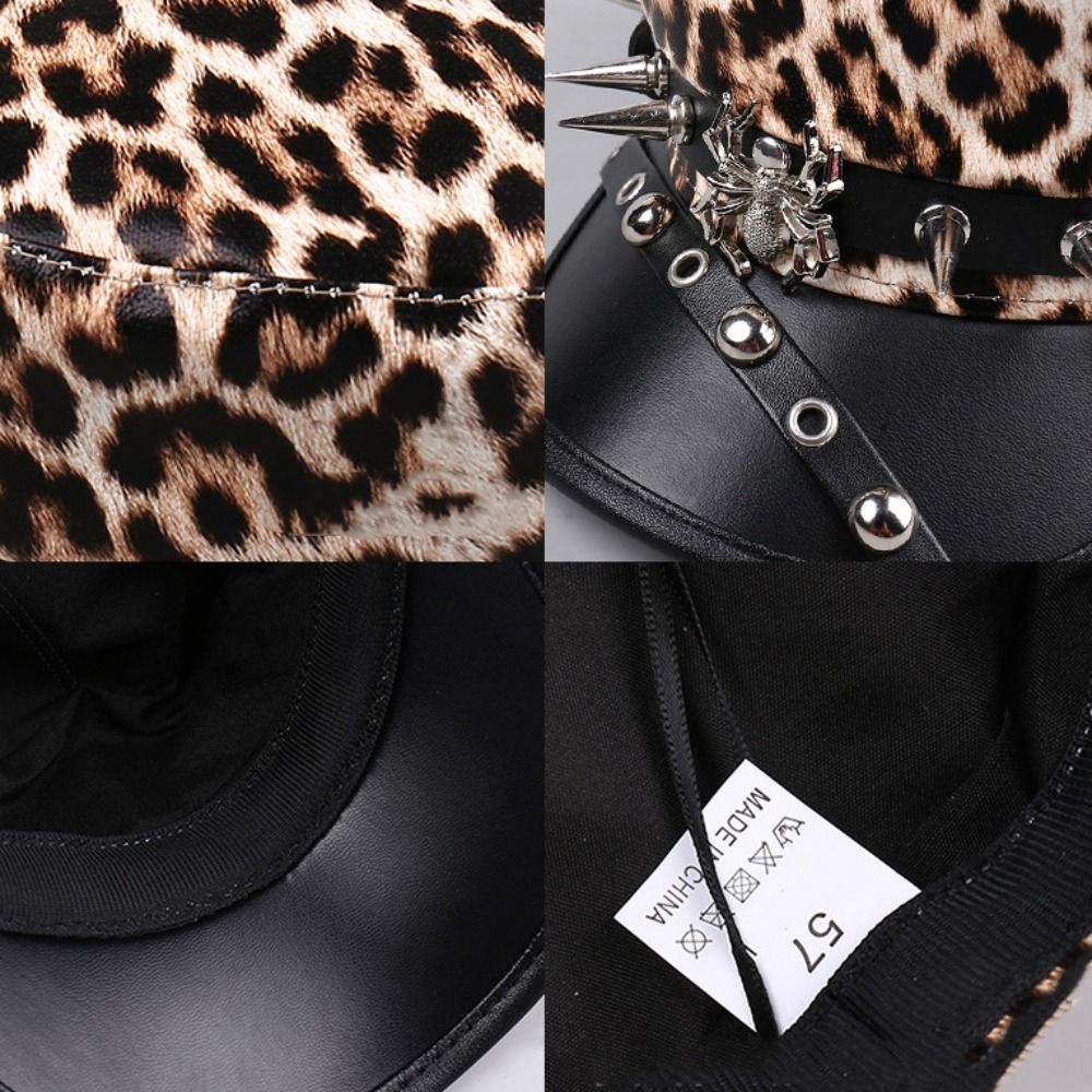 Chapeau léopard rétro hip-hop à rivets, style punk Harajuku Y2k, béret en cuir PU noir à dessus plat pour femmes