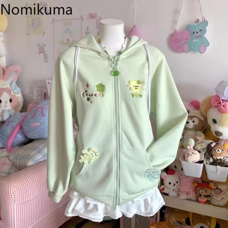 Femmes vêtements Anime sweat à capuche zippé vestes chat broderie mignon vêtements d'extérieur à capuche décontracté mode sweats japonais mignon hauts