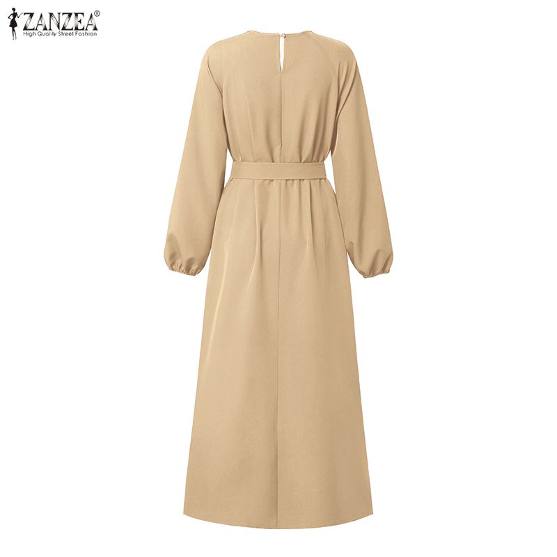 Robes Abaya Hijab Musulmanes Modestes ZANZEA pour Femmes – Élégante Robe Longue à Col Rond et Manches Longues avec Ceinture, Couleur Unie, Coupe Ample, Style Dubaï, Ramadan