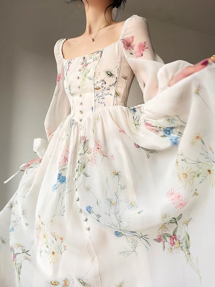 Robe Midi Florale Élégante Française en Mousseline à Manches Longues pour Soirée, Robe de Plage Féerique Une Pièce pour Femme, Style Coréen Été 2026