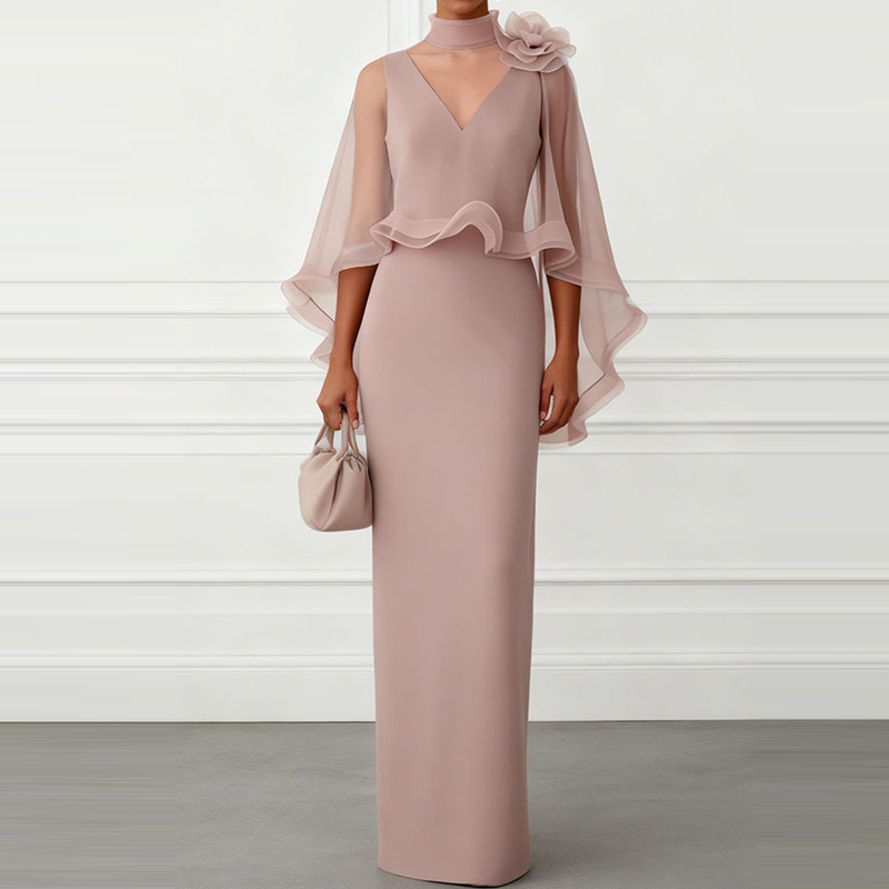 Robe longue sirène élégante pour femme, taille haute, coupe ajustée, col châle sexy, col en V, bordure à volants, couleur unie, pour soirée