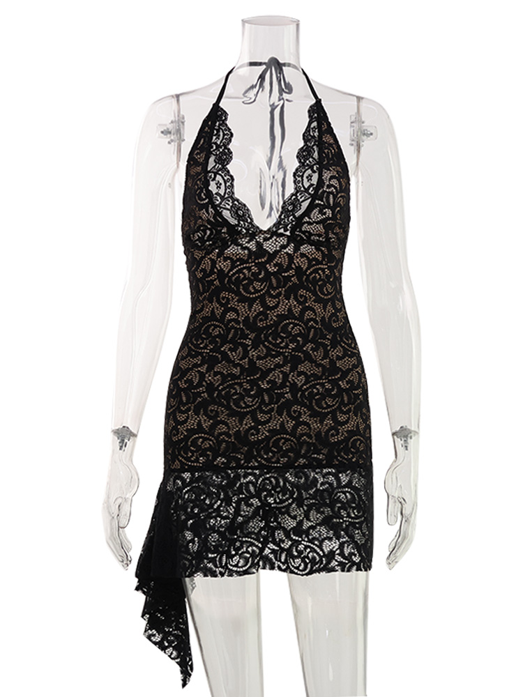 CNYISHE Robe fourreau moulante pour femme, en dentelle transparente, à dos nu, style licou, couleur unie, sexy, pour club et soirée
