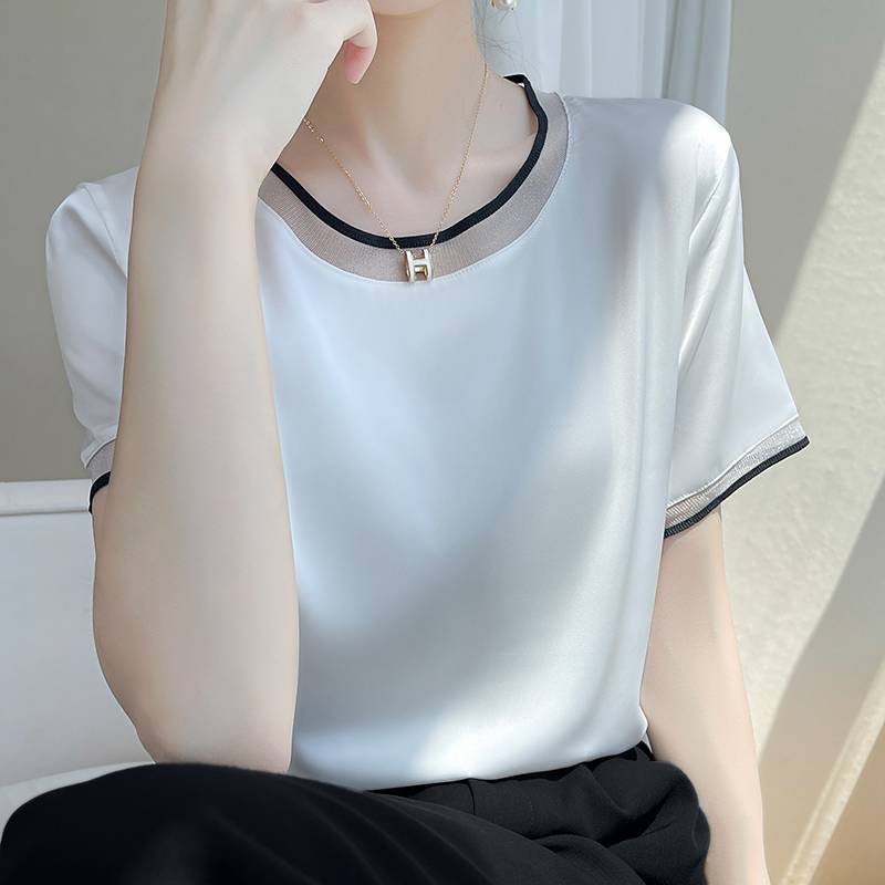 T-Shirt manches courtes col rond pour femme, décontracté et ample, couleur unie, avec dentelle sur le bas, été