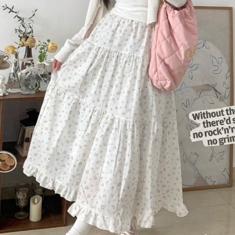 Jupe trapèze florale pour femme, longueur mi-mollet, taille haute, streetwear coréen, jupe Harajuku Y2K, été 2024