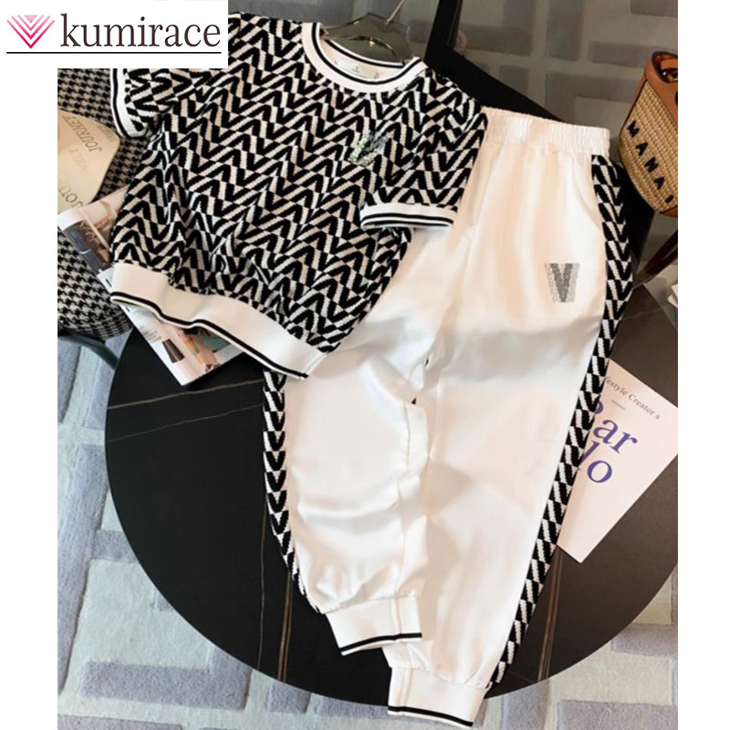 Costume à la mode pour femmes, nouvel article d'été, sensation haut de gamme, réduction de l'âge, manches courtes, pantalon décontracté noué aux jambes, ensemble deux pièces