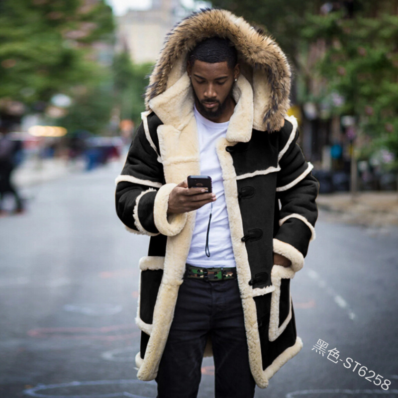 Pardessus hommes hiver nouvelle veste longue ample rembourrée en coton fourrure marron intégré laine d'agneau manteaux à capuche mâle