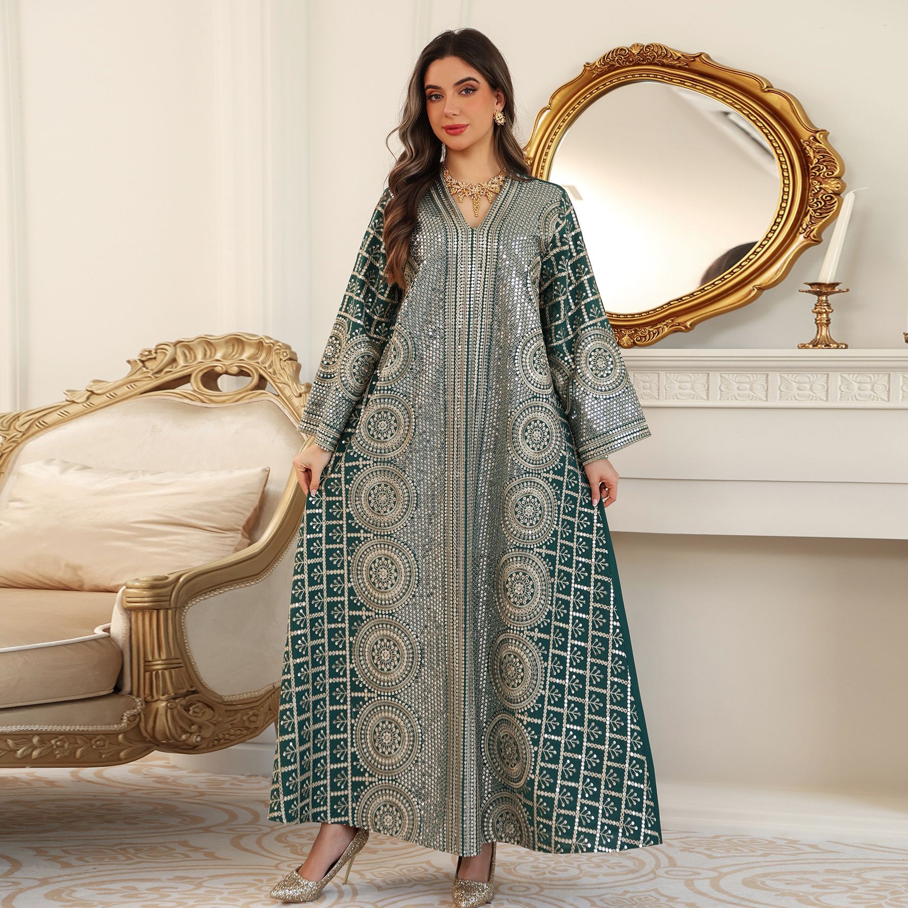 Robe longue de fête pour femme musulmane, Abaya, Kaftan, Jalabiya, Robe arabe, brodée de sequins, pour l'Aïd et le Ramadan, style Maroc Dubaï 2026