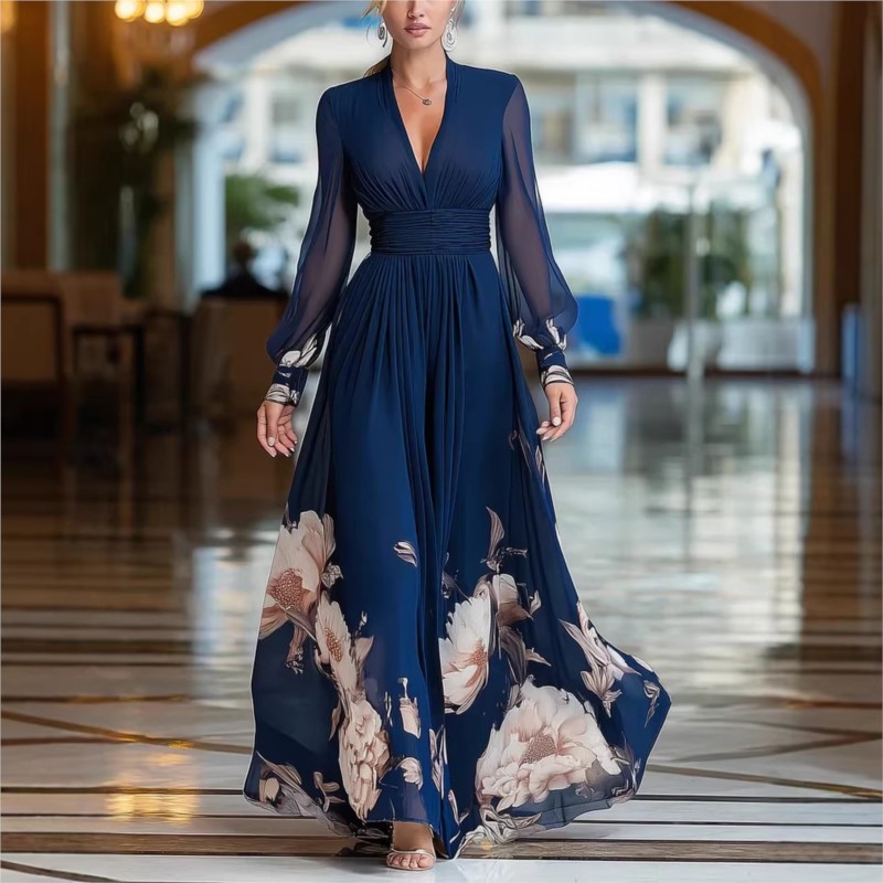 Robe longue élégante en mousseline 2026 à imprimé floral, col en V, manches lanternes, taille haute, coupe évasée pour femme, idéale pour les vacances