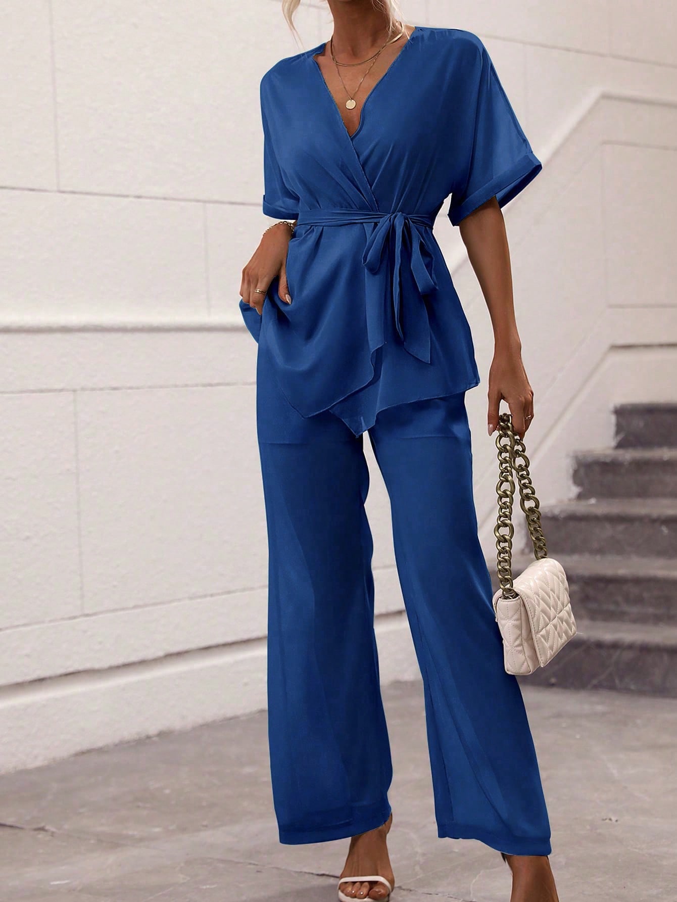 Ensemble 2 pièces pour femmes, chemisier élégant à col en V et pantalon large, ensemble décontracté à manches courtes pour femmes