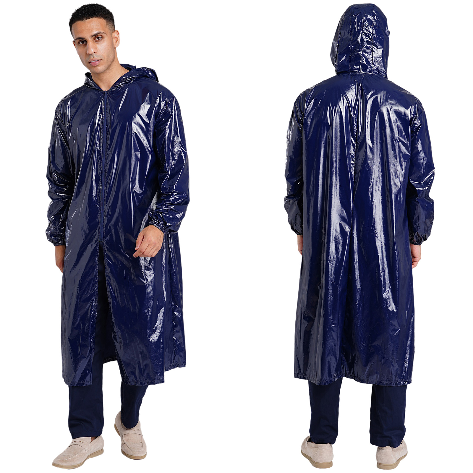 Veste longue imperméable à capuche pour homme, manches longues, fermeture éclair sur le devant, imperméable léger, vêtements de travail, poncho, manteau pour la randonnée, les jours de pluie, le travail