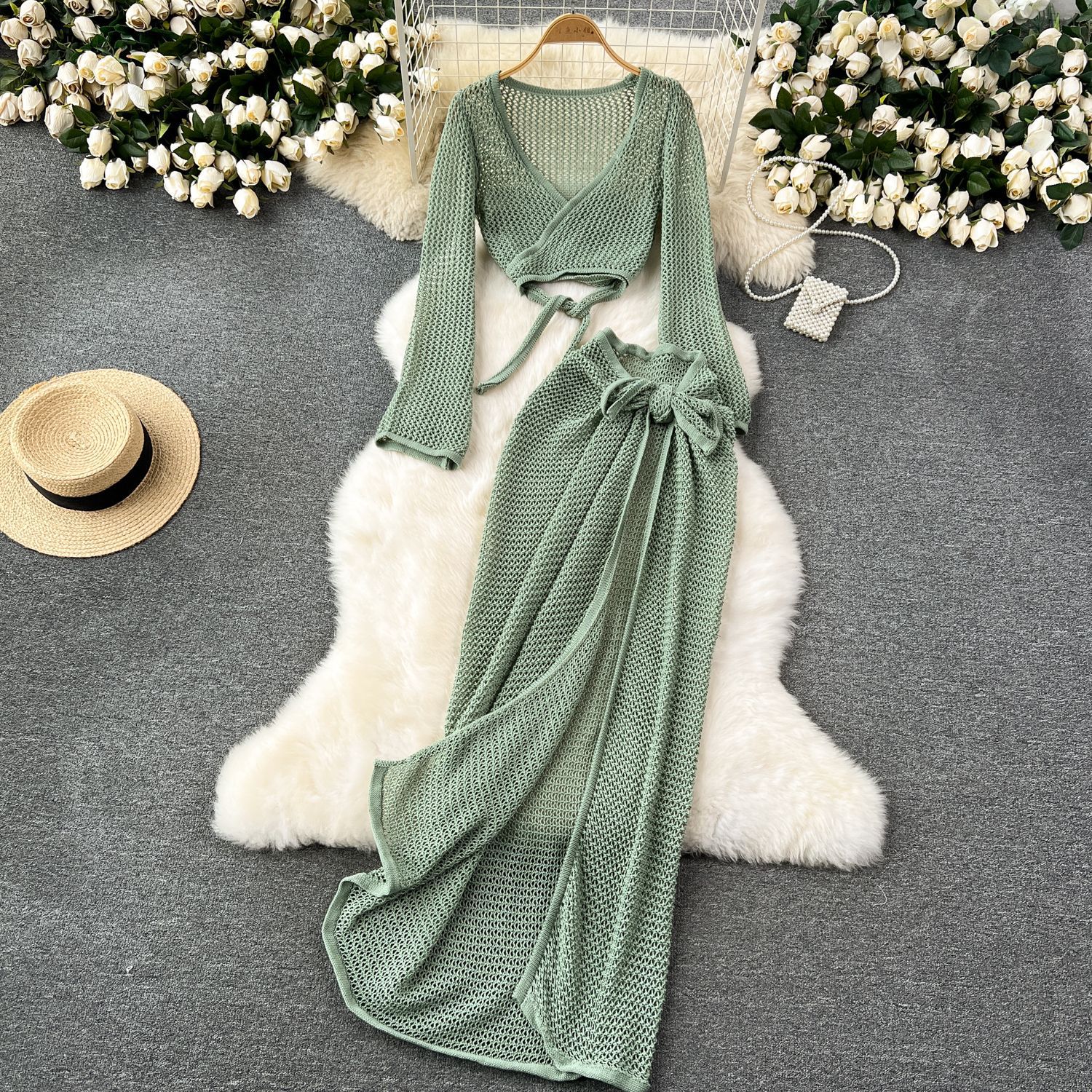 Ensemble 2 pièces tricoté pour femmes, décontracté, tendance, couleur unie, tasses à manches longues, Cardigans, jupes ajourées, vêtements féminins, vacances à la plage