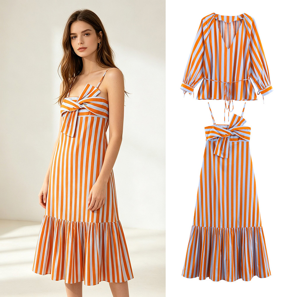 Ensemble 2 pièces pour femmes, chemisier à manches longues à col en V rayé orange, robe midi à volants avec bretelles spaghetti et nœud, ensemble assorti décontracté pour les vacances