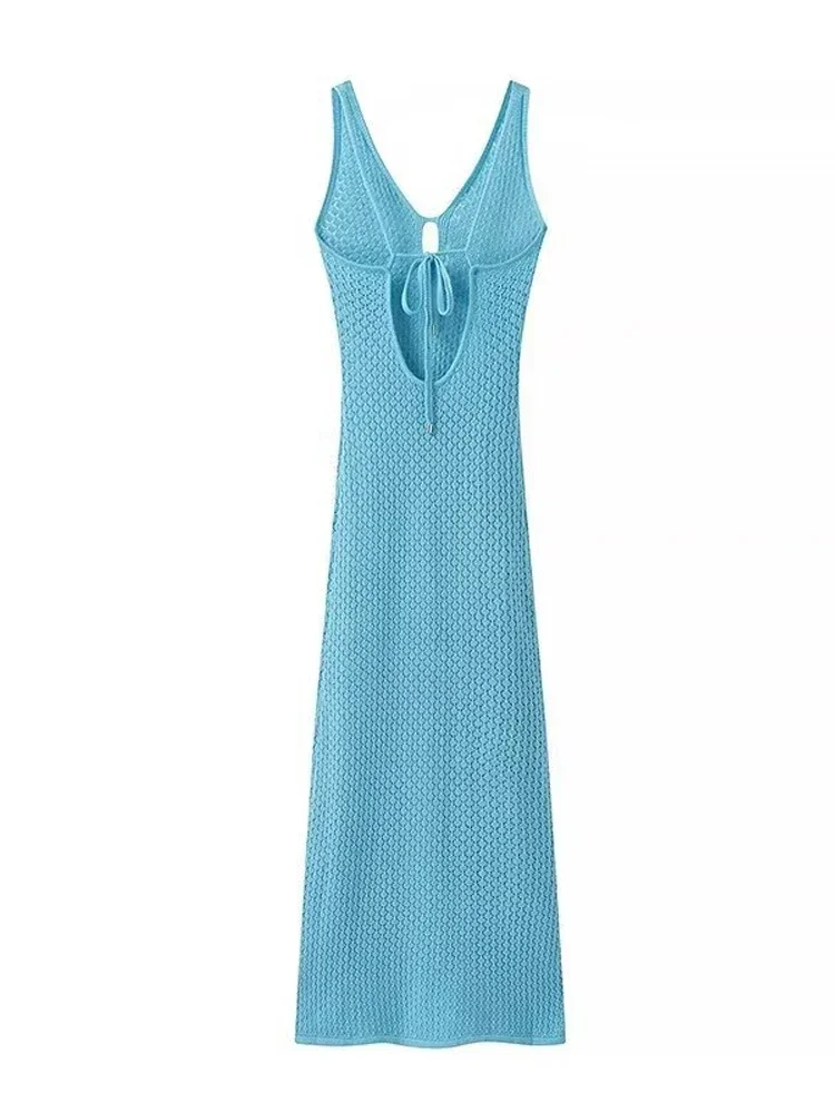 Robe longue sexy moulante en maille pour femme, col en V profond, découpes, dos noué, fente, collection été 2026, idéale pour la plage ou comme cache-maillot de bain A3027