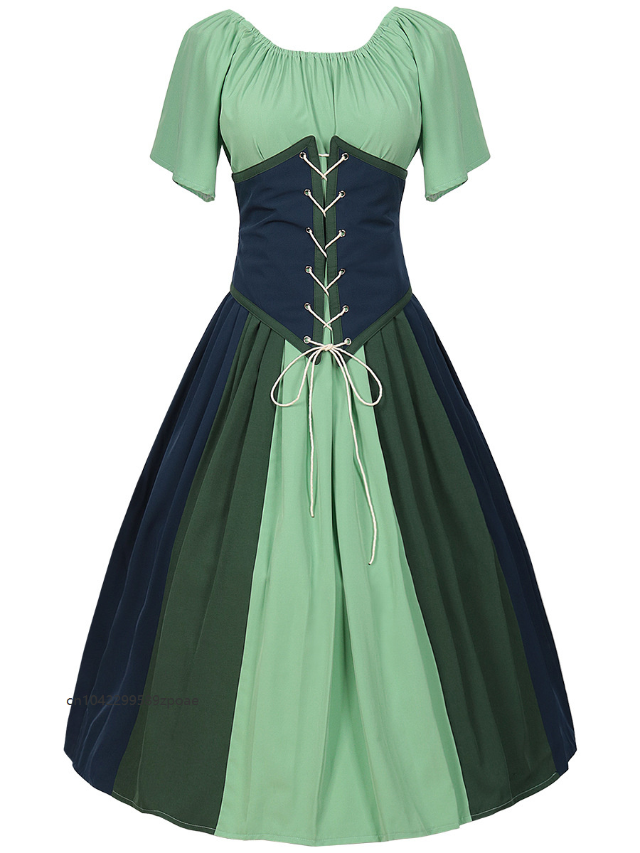 Robe de soirée pour femme, style médiéval rétro, à col unique, avec manches volantées en dentelle, patchwork et couleurs contrastées, pour Halloween