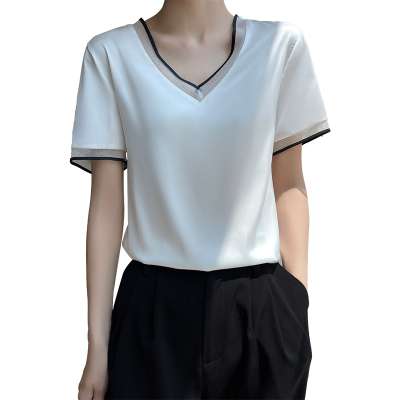 T-shirts d'été à manches courtes col en v soie Satin T-shirt solide mode femmes T-shirt sommets décontracté bureau dame T-shirt