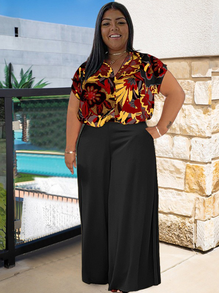 Femme 2 pièces tenue ensemble grande taille été costume décontracté ensemble imprimé fleuri chemise pantalon ensemble basique salon porter
