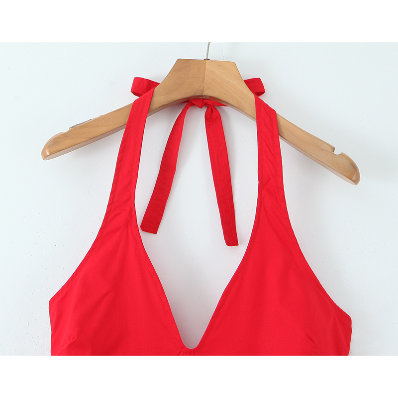 YENKYE rouge élégant mince robes de soirée femmes Sexy dos nu taille basse a-ligne Midi longue Robe licou Robe en coton