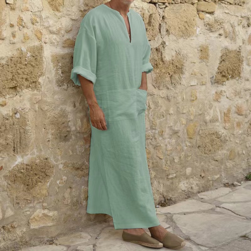 Jubba Thobe en coton et lin pour homme, manches courtes, coupe ample, robe islamique décontractée, chemise longue, Thawb marocain confortable, Abaya islamique