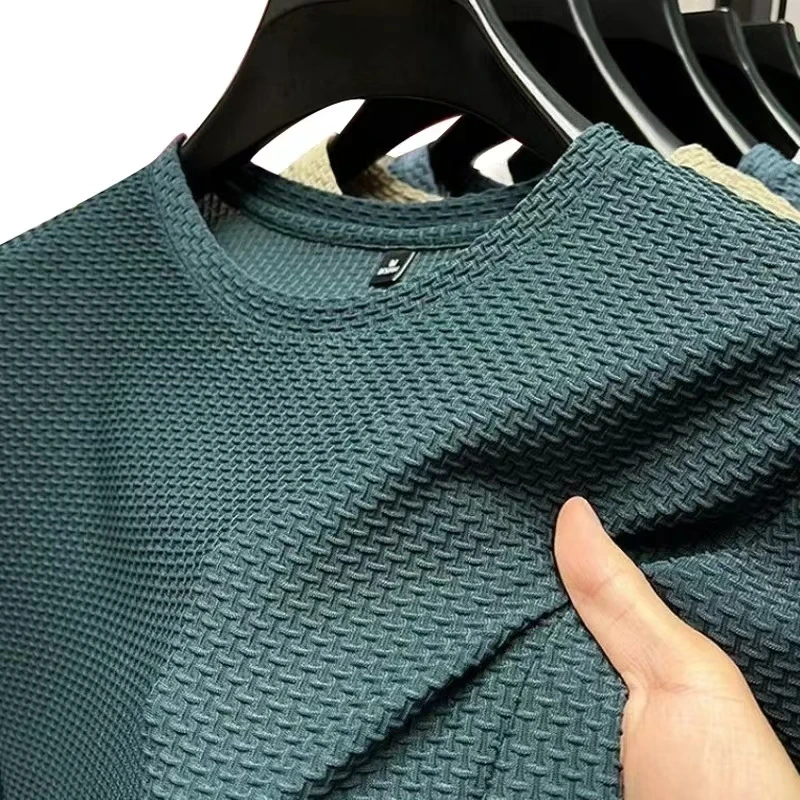 T-shirt en maille de soie glacée pour homme, à manches courtes et col rond, nouvelle collection, couleur unie, idéal pour l'été