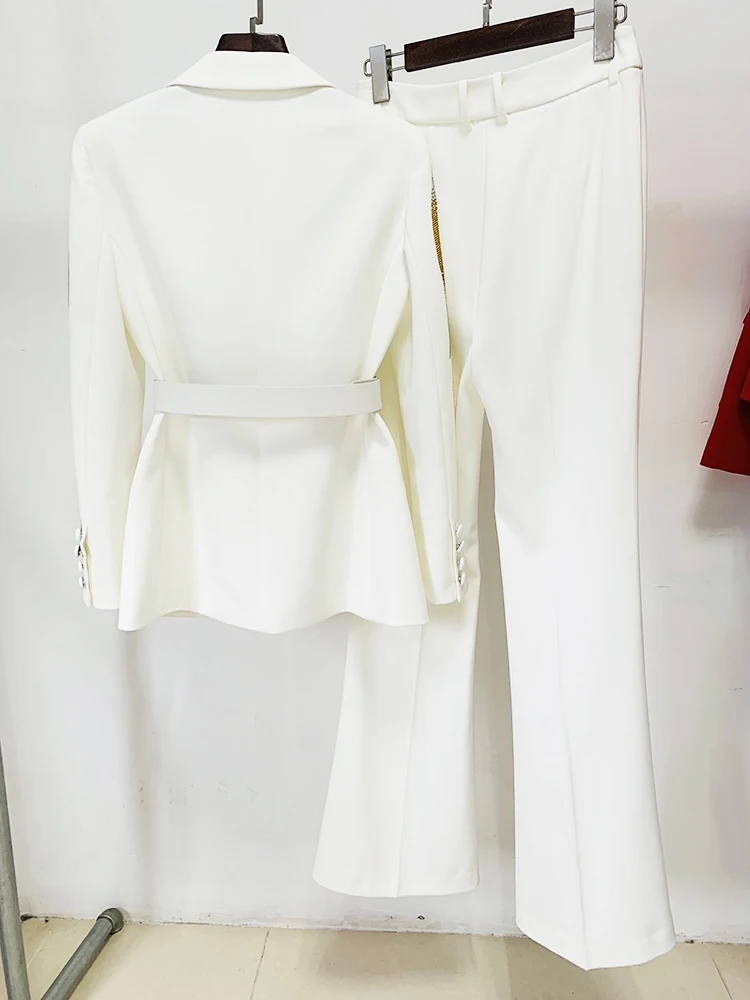 Blazer et pantalon évasé avec ceinture pour femme, ensemble de piste de créateur, diamants colorés trempés, nouvelle mode ET, remise des diplômes élevée, 2 pièces, 2025